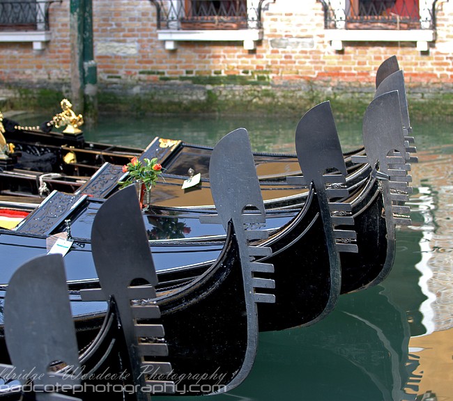 Gondolas parked in a side “street” in Venice