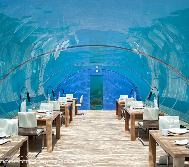 Full interior of Ithaa Undersea Restaurant, off Rangali Island